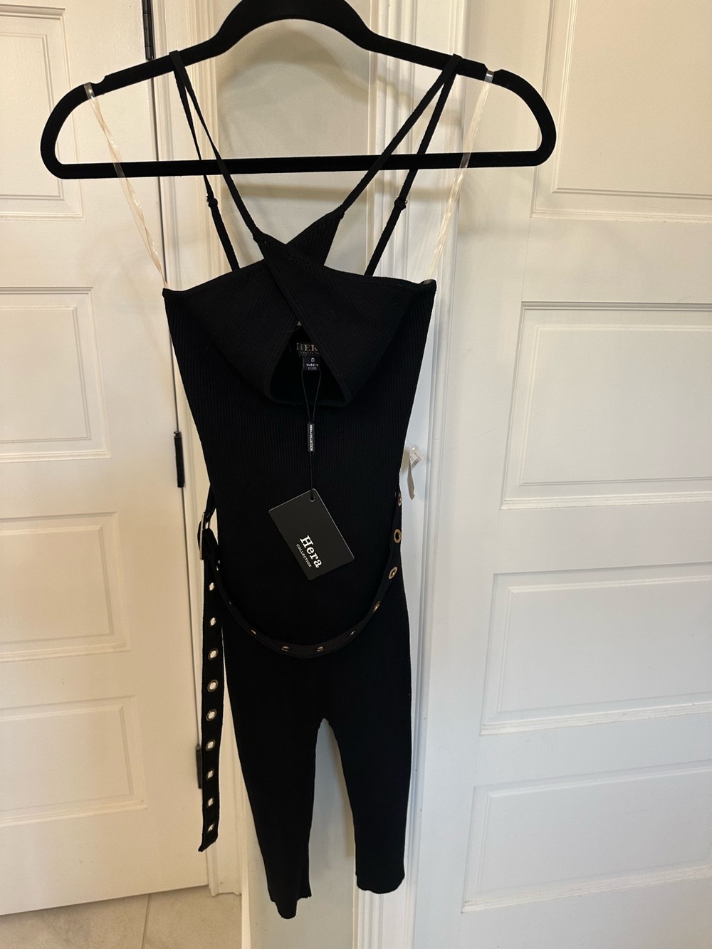 Herra Collection Black Ribbed Belted Romper Jumper Grommets Womens S Sexy NEW